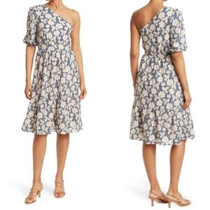 NSR Nordstrom Blue Navy Cream Floral One Shoulder Lace Midi Dress Size XS